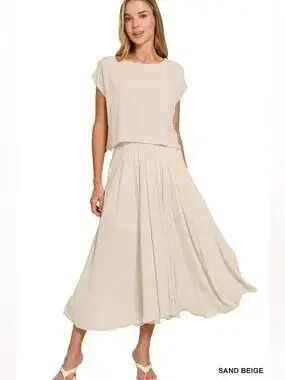 Zenana Woven Crinkle Gauze Crop Tee and Skirt Set